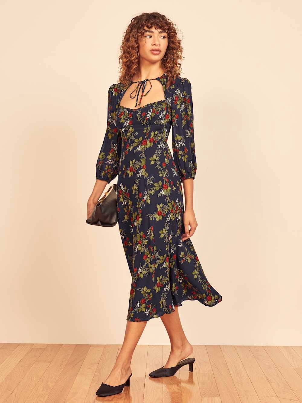 Reformation Poulter Floral Midi Dress Size 4 Navy Rose Print MSRP $278